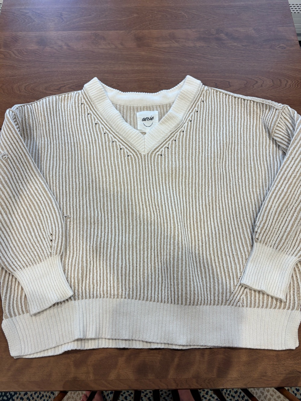 aerie Beyond Chenille Women’s Cream & Tan Striped V-Neck Pullover Sweater